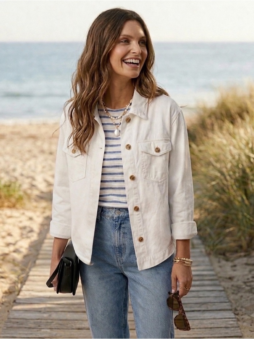 Love Tree White Denim Jacket 100% Cotton Coastal Shacket Oversized Boho | Large